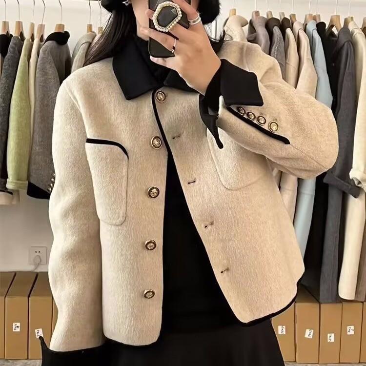Women's Double-Faced Cashmere Short Coat, New Korean Style, Contrast Color, Small Size, Perfect for Autumn and Winter