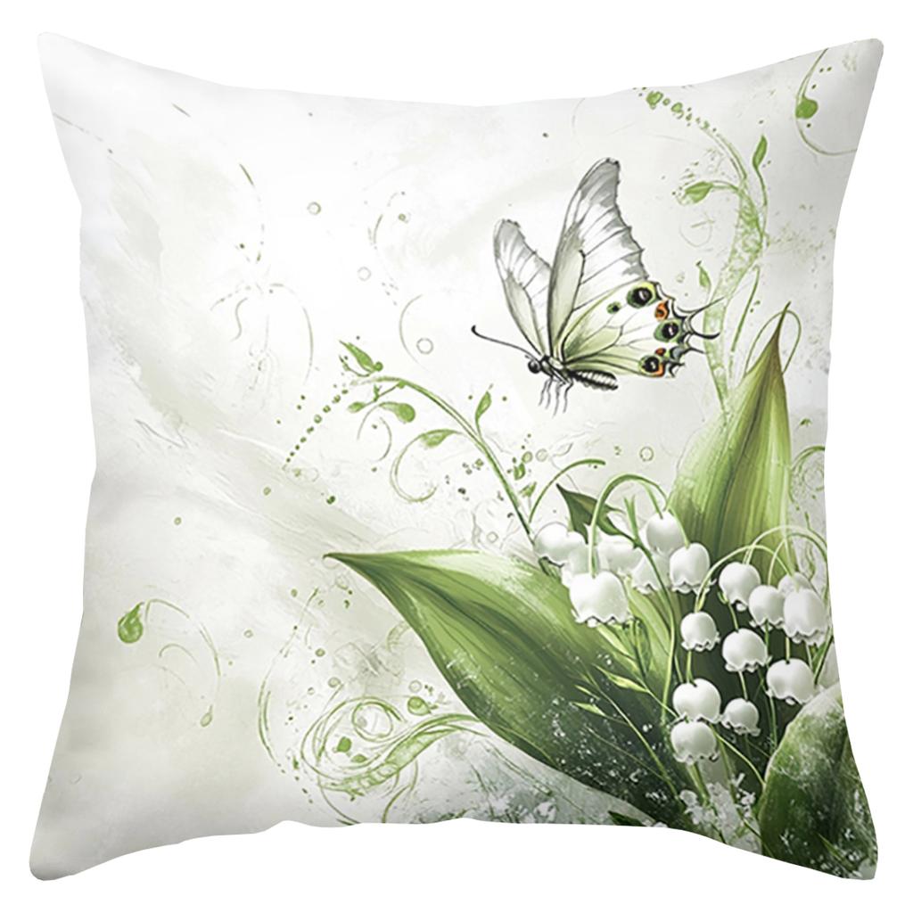 2D Flat Printing Lily of The Valley and Butterfly Pattern Cushions Polyester Pillowcase Sofa Decorative Cushion Cover