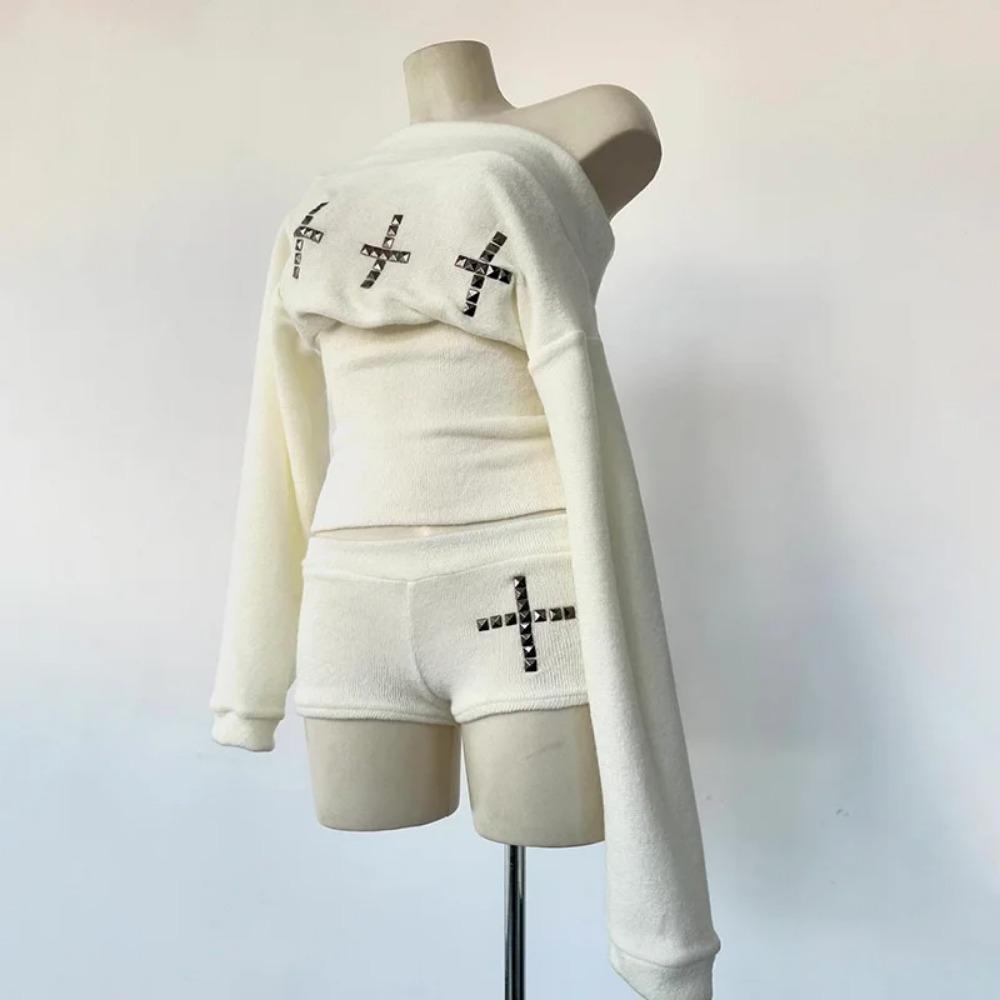 VAYLA Goth Aesthetic Women's Boat Neck Long Sleeve Top Sexy Slim Chic Cross Decoration Shorts Y2K Harajuku Emo Girls Streetwear Outfit