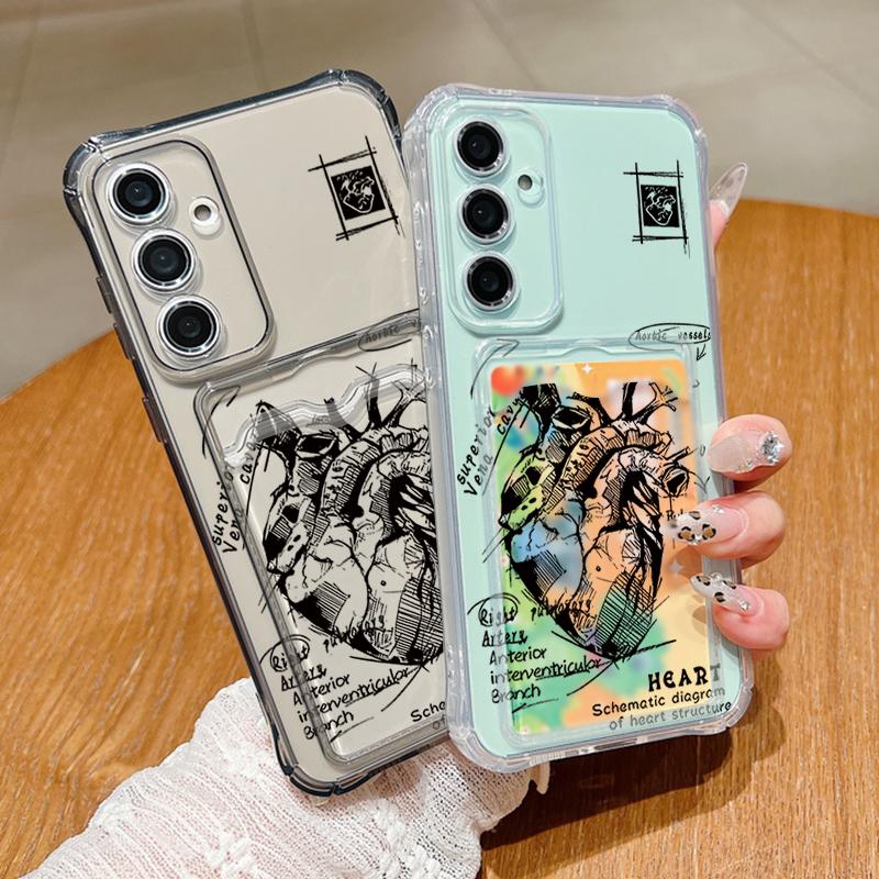 Przezroczyste silikonowe etui z przegródką na karty z nadrukiem serca dla Samsung S25 Ultra S24 FE S23 A56 A16 A36 A55 A15 A35 Wstrząsoodporne Miękkie Smukłe Etui na Telefon