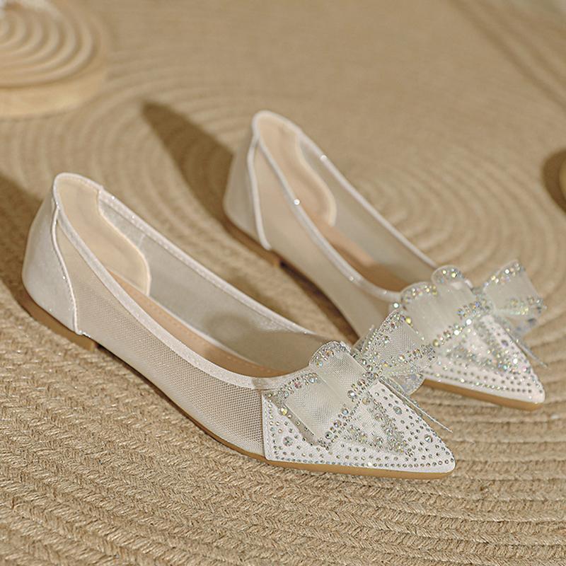 

Модные новые летние хрустальные заклепки кружевные балетки для женщин острый носок стразы бант балетки женские дышащие слипоны лоферы большой размер 36