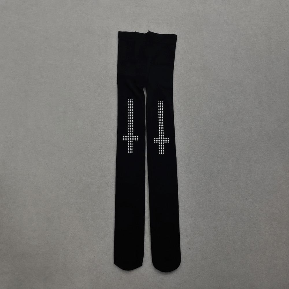 Vintage Cross Pantyhose Breathable Rhinestone Stockings Fashion Black Gothic Tights Party Wear