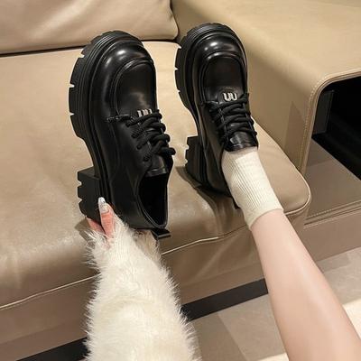 Autumn British Small Leather Shoes Women's New Versatile Thick-soled Heightened High-end Lace-up Mid-heeled Single Shoes