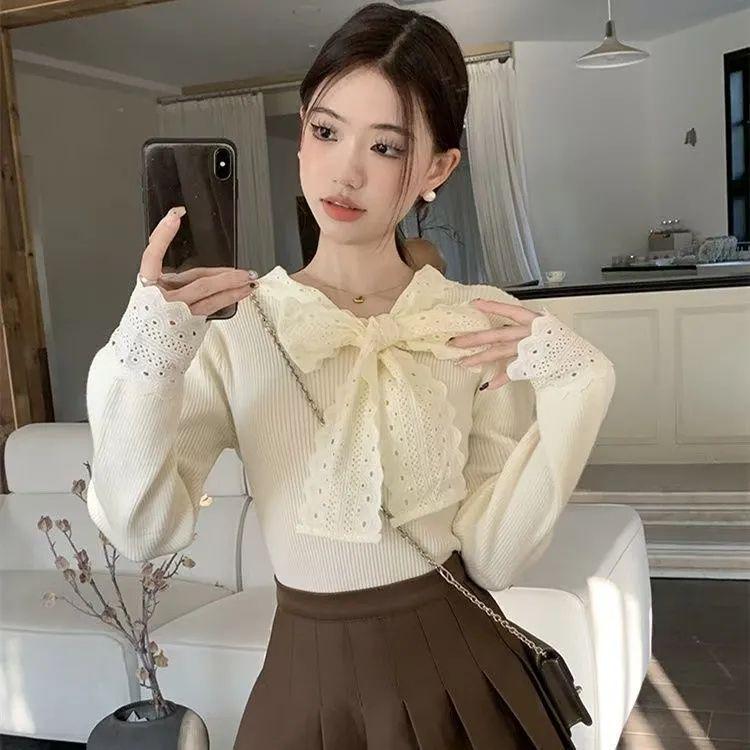 

French Ribbed Lace Trim Slimming Top: Chic Autumn/Winter Base Shirt L білий