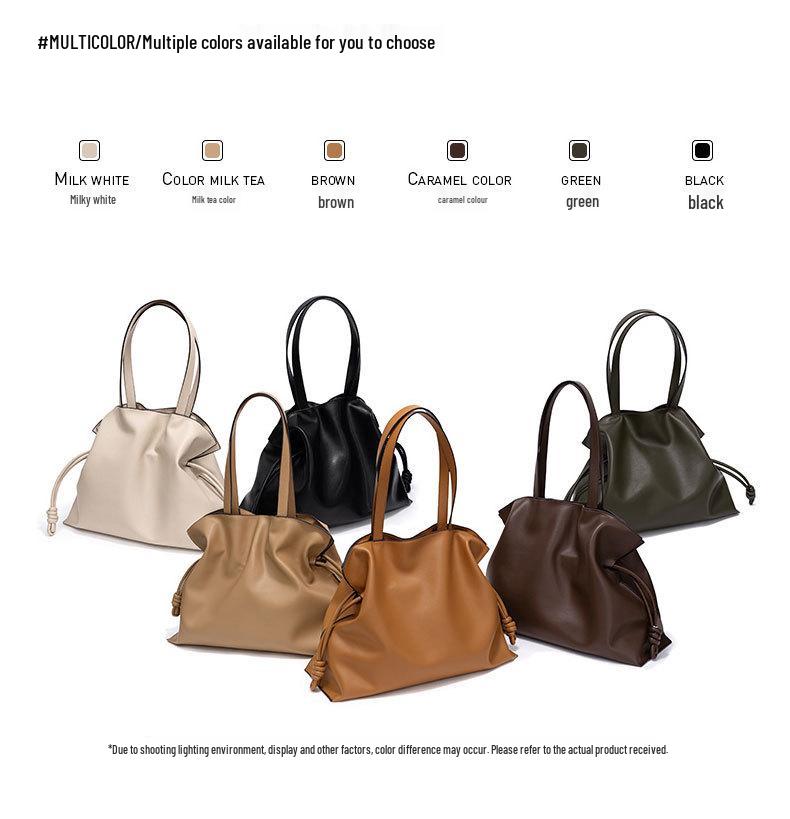 Korean Style Genuine Leather Women’s Pleated Drawstring Shoulder Tote