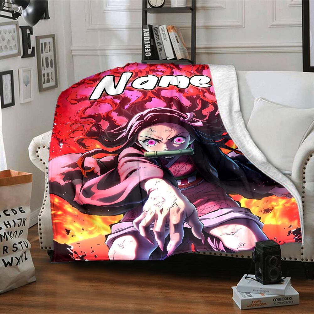 Customiz Name Personality Demon Slayer Nezuko Blanket Soft &Warm Sofa Office Bed Travel Lunch Break Blanket, Gift Suitable All Seasons