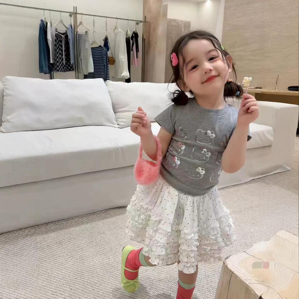 Korean Style Girls' Cartoon Kitty T-shirt & Polka Dot Skirt Set - Cute Summer Two-Piece for Baby Girls.