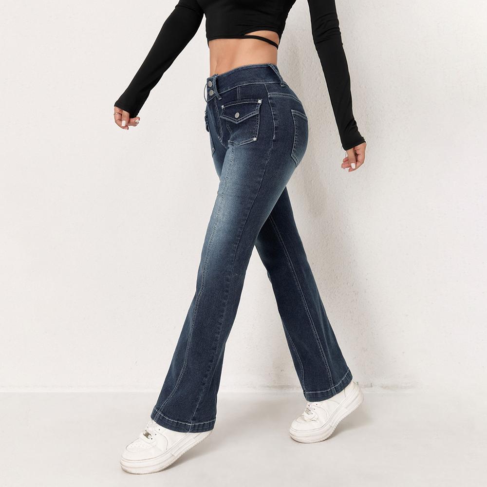 

PUFFANPOP Women s Jeans Retro Wash High Waisted Flared Jeans Stretchy Denim Pants Front Pockets Jeans Y2K Jeans XXL синий