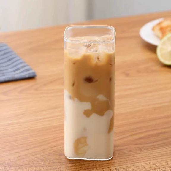 New 400ML Square Glass Coffee Cup Heat-Resistant with Lid And Straw Ideal for Milk Tea Juice Smoothies Home Bar Drinks Milk Cup