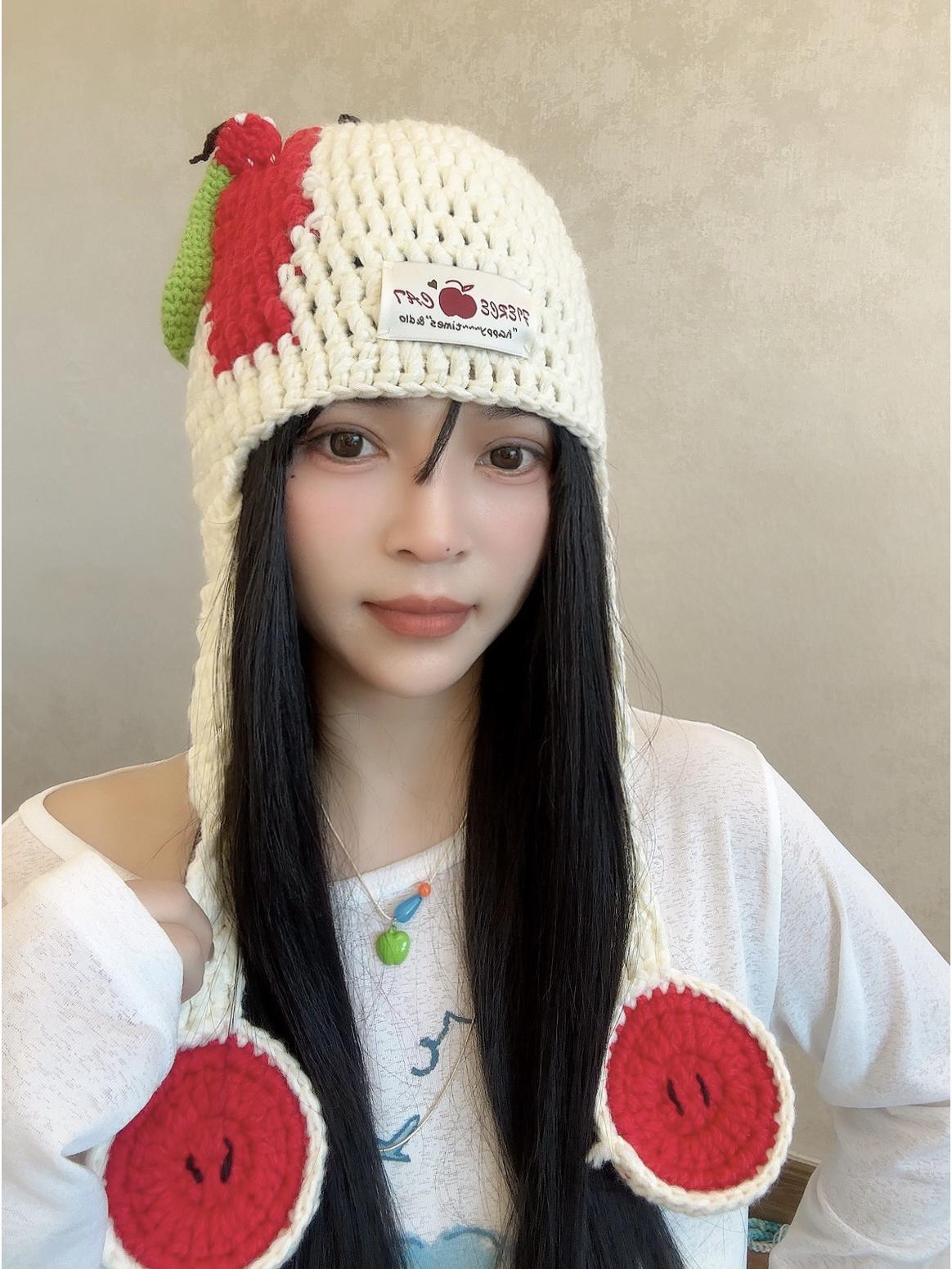 

Женская вязаная шапка из шерсти: Мультяшный милый дизайн с яблочным червячком для осени/зимы, подчеркивает маленькое лицо, подходит для большого обхвата головы One Size бежевый