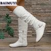 Fashion Flats Women Knee High Boots Fashion Shoes 2025 Trend Winter New Pleated Leather Chelsea Boots Zipper Casual Walking Mujer Botas