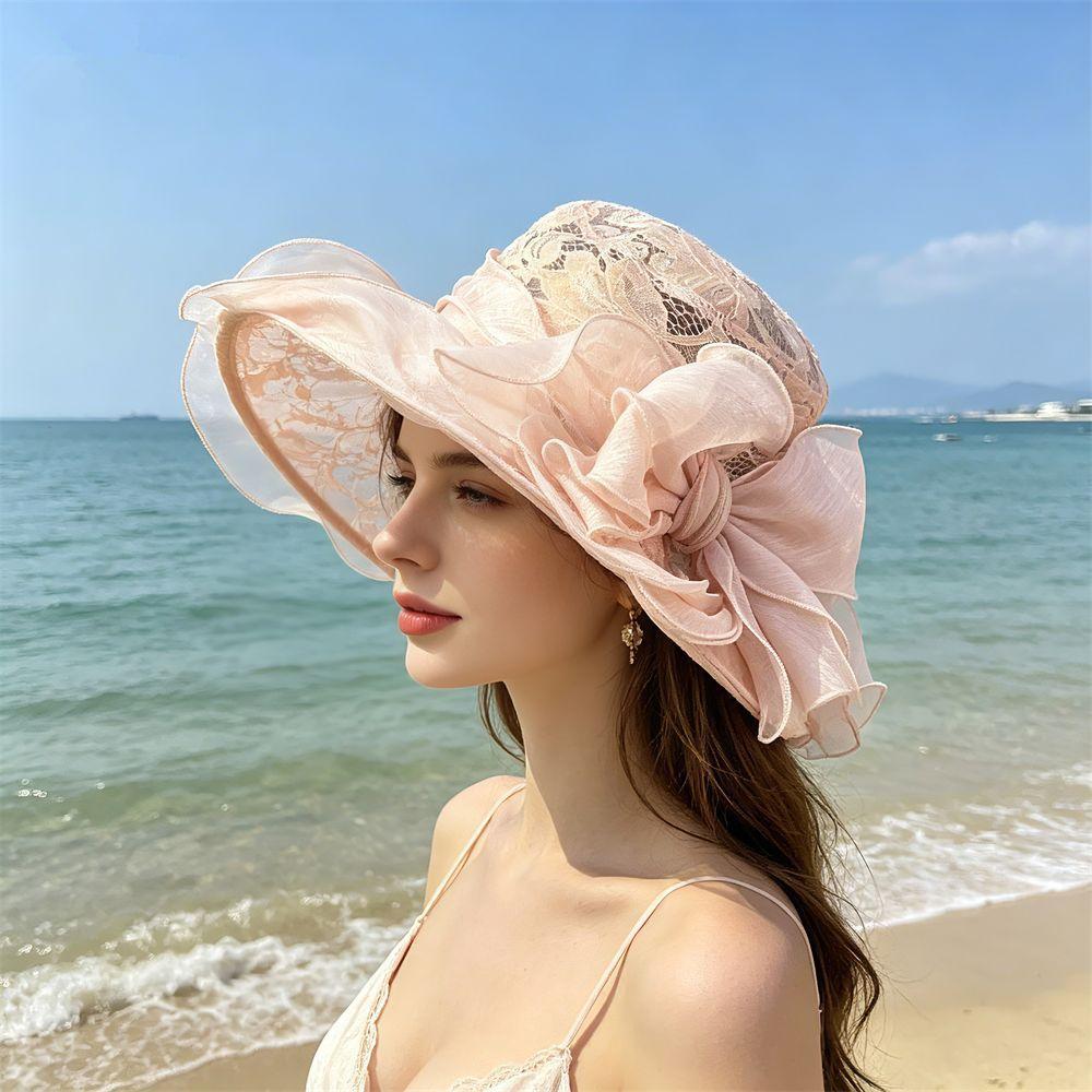New big brim organza hat flower visor hat women's summer seaside sun protection sun hat breathable beach hat women