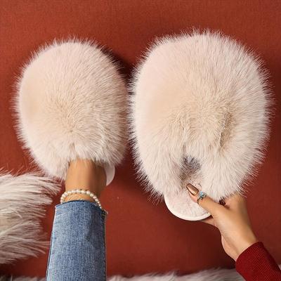1 Paar Elegante Kunstfell-Hausschuhe für Damen, Indoor/Outdoor-Hausschuhe, Koreanischer Stil, Warme flache rutschfeste Gummisohle, Reine Farbe, Stoff gefüttert