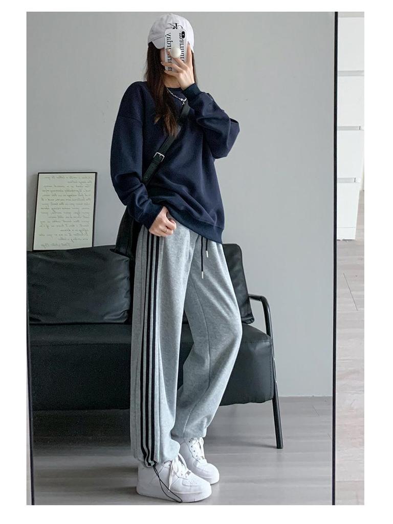 White-Gray Striped Women's Wide-Leg Sweatpants - Autumn/Winter 2025, Casual, Petite, with Three Stripes and Cuffed Hem.