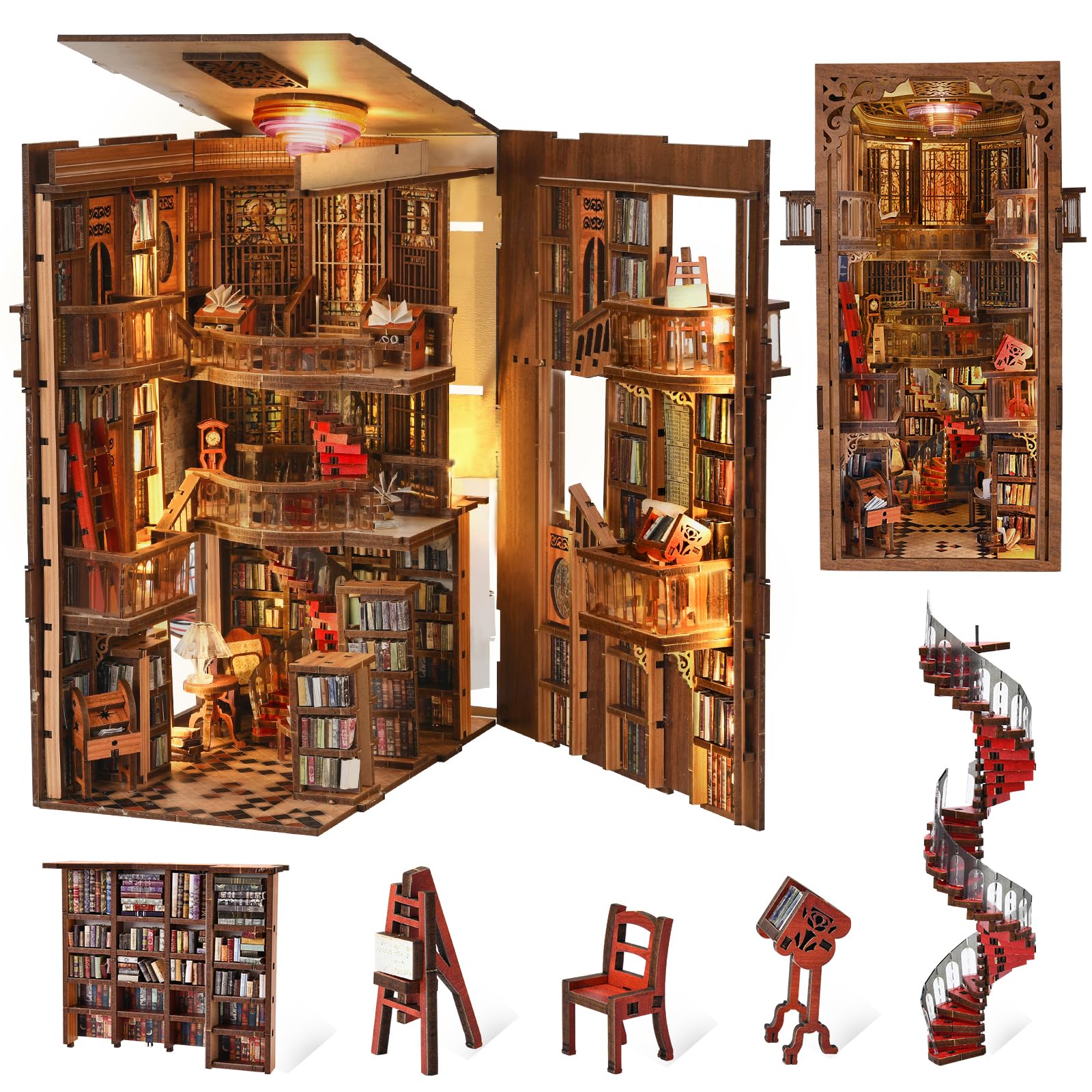 MiniCity DIY Book Nook Dollhouse 3D Miniature House BookNook Wood Craft Bookend Decoration with Perfect Gift for Teens and Adults Kit, Kit, Kit, LED,