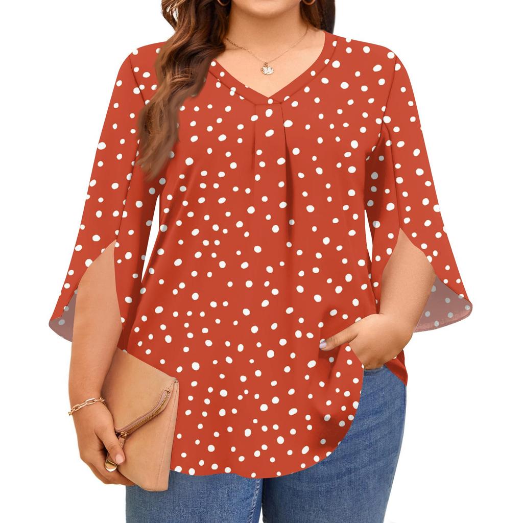 Women's Prined V-neck Plus Size Tops 3/4 Sleeves Elegant Shirt Tops