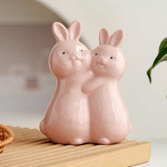 Yousheng Easter Hugging Rabbit Ceramics Figurine Miniature Pink White Couple Bunny Statue Home Office Desktop Decoration Ornament