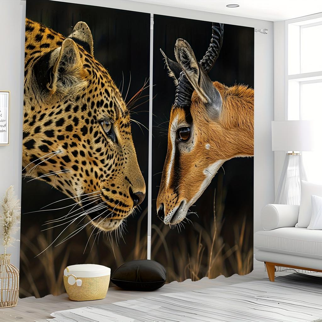 2pcs Leopard Lion Deer Pattern Curtains Decorative Window Drapes Window Treatments For Bedroom Living Room Home Decor Window
