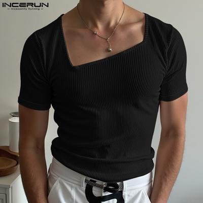 Men Irregular Square Collar Rib Casual Fitted Tops Undershirts