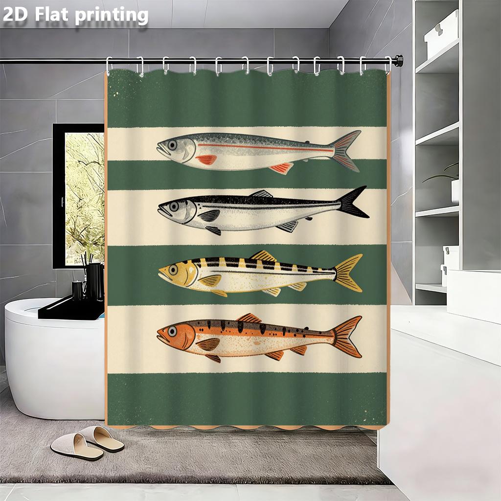 Vintage Fisch Illustration Duschvorhang Nautische Streifen Wissenschaftliches Diagramm Meeresleben Badezimmer Dekor Wasserdicht Retro Bad