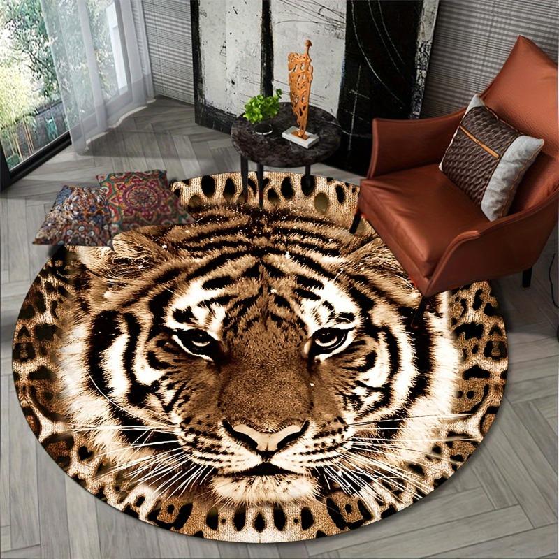 1pc Realistic Tiger Print Round Mat - 100% Polyester Non-Slip Floor Mats, Suitable for Living Room, Bedroom, Office Decor