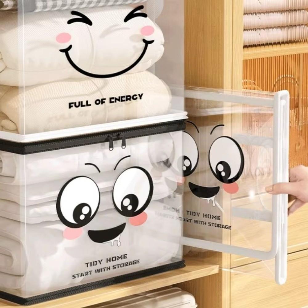 Large Square Book Storage Bag PVC Transparent Zipper Storage Box Joyful Face Pattern Lid Design Multi-Purpose Container