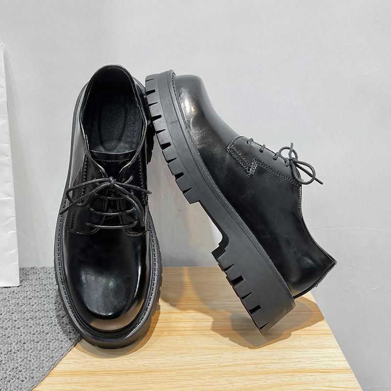 Zapatos Pequeños de Cuero Negro, Nuevos de Suela Gruesa Aumentados Estilo Británico Tacón Grueso con Cordones Zapatos de Cuero para Hombre 2139-T