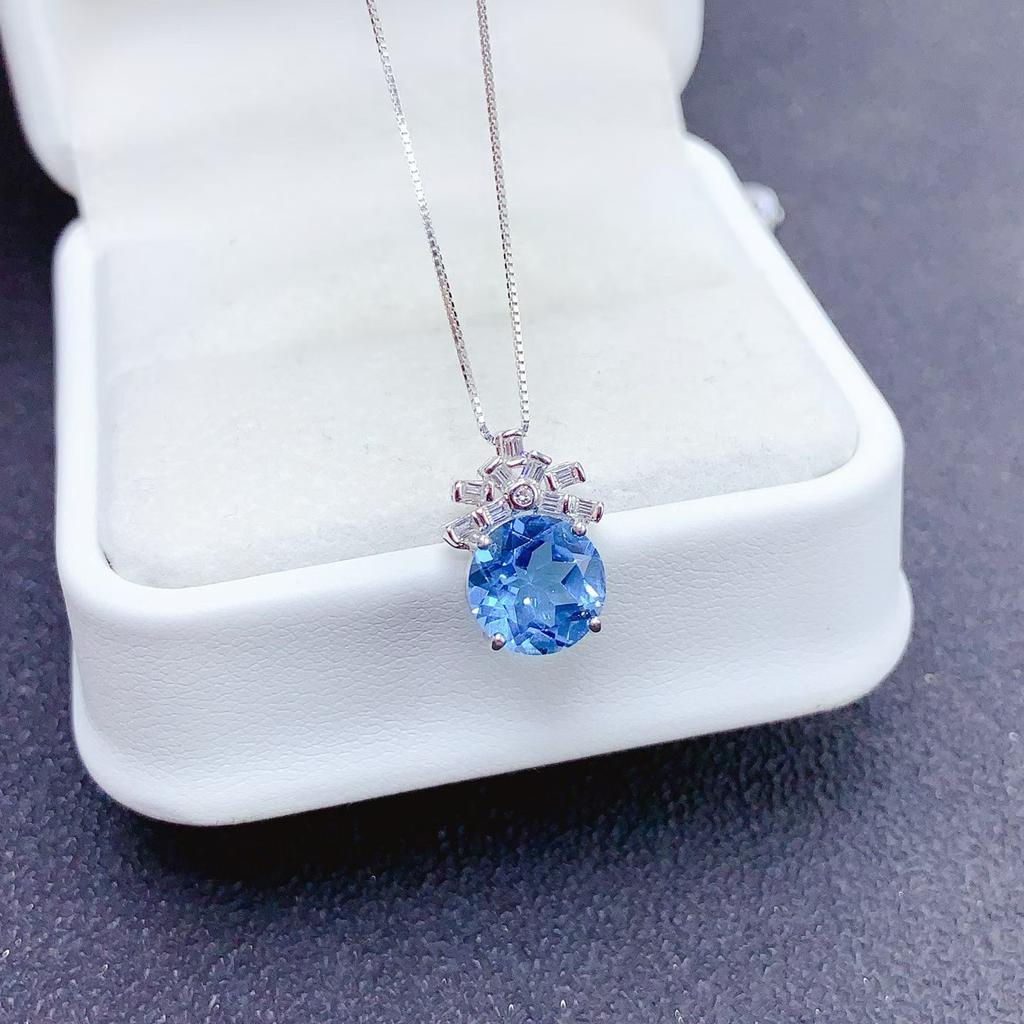 925 Sterling Silver Plated Blue Topaz Fashionable Bohemian Style Anniversary Commemorative Women's Exquisite Pendant Necklace