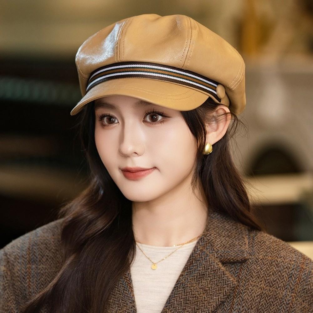 Windproof Octagonal Hat Warm Painter Hat Personality Pu Leather Beret  Girl