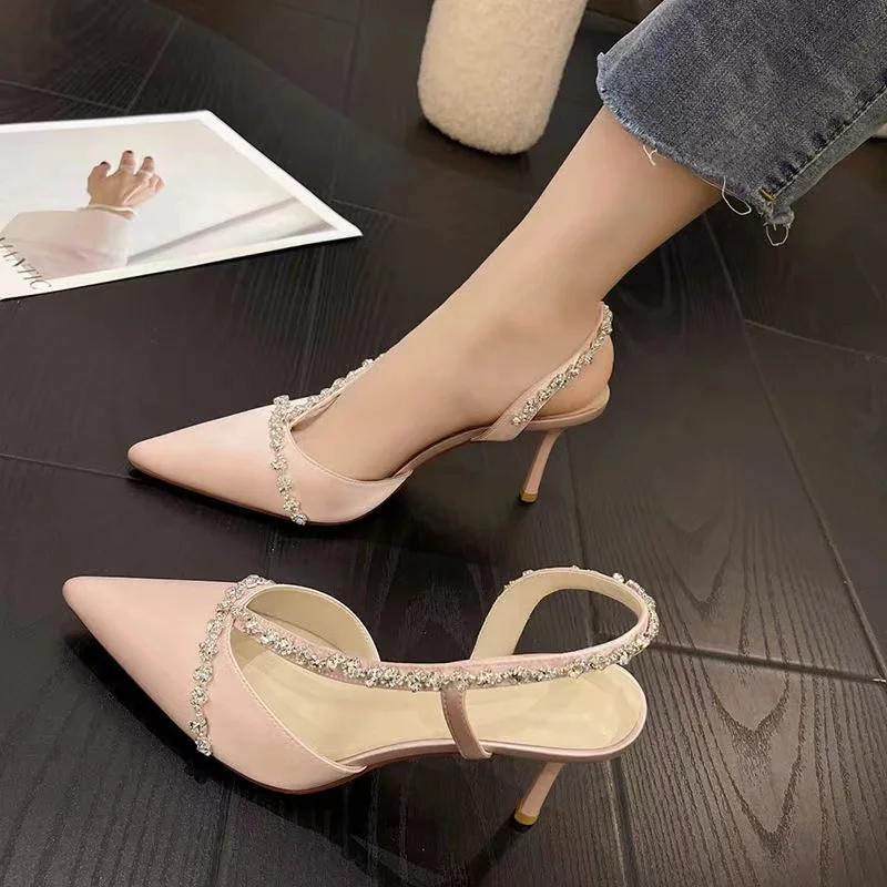 NEW Diamond Embellied High Heel Sandals Women's Spring 2025 Pointed Toe Covering Front Hollow out Thin Heel Faionable