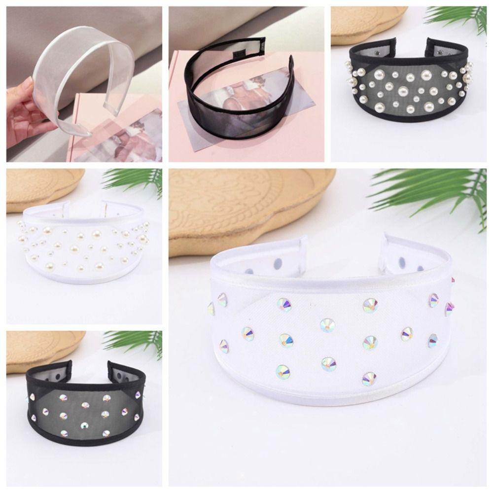 Headwear Mesh Pearls Headband Beads Waterproof Rhinestone Wide Hair Hoop Sparkling Solid Color Black White Hairband Women