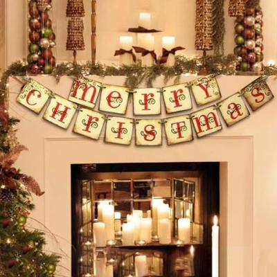 Vintage Merry Christmas Banner Retro Nostalgic Christmas Garland Decoration for Indoor Home Office Wall Window