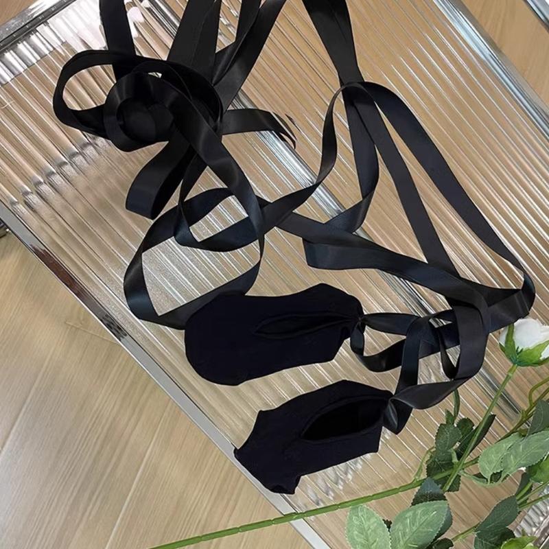 Women Crisscross Ribbon Bandages Low Cut Antislip Cotton Socks Japanese Style Dancing Party Solid Invisible Short Socks