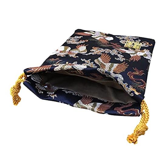 Senshishuin Nishijin Brocade Drawstring Bag Navy Blue Washimatsu Medium Size (Lined) (Japanese Pine)