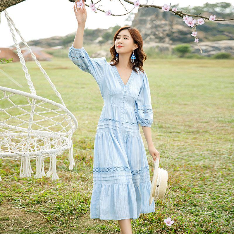 

Xinjiang Silm Retro Graceful Beach Skirt Tourism Sky Blue M