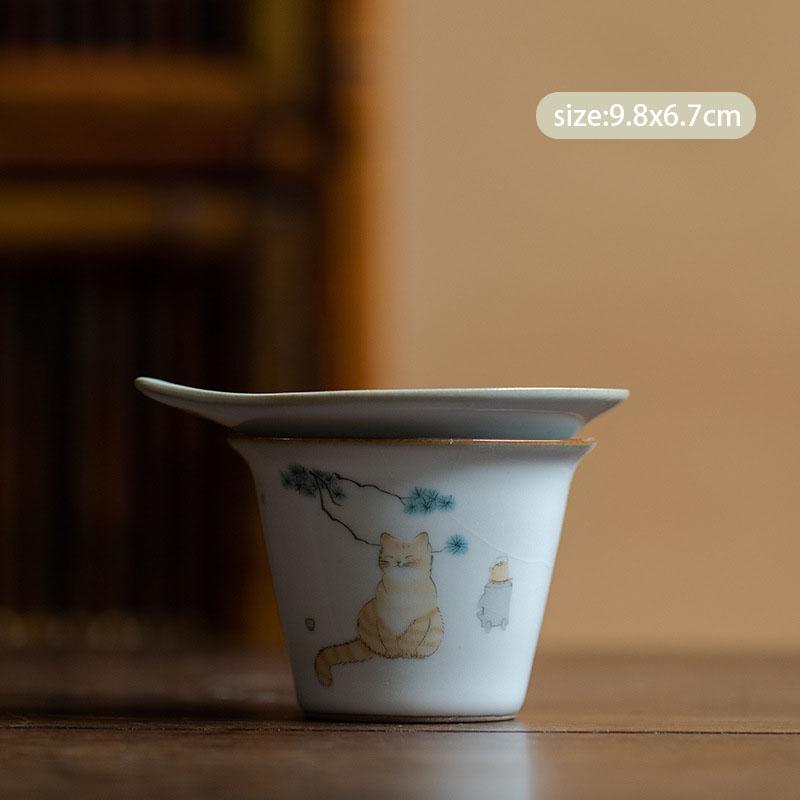 Chinese Retro Ru Kiln Ceramic Fair Cup Tea Strainer Hand-painted Cute Cat Teacup Handmade Tea Infusers Tea Set Accessories