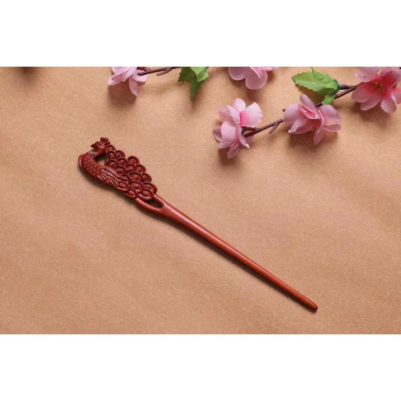 Red Sandalwood Women's Retro Hanfu Hairpins: Hollow Carved Moon Rabbit Wooden Ornaments
