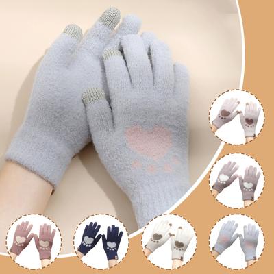 Winter Women Adult Plus Velvet Thickening Cute Cartoon Point Finger Gloves