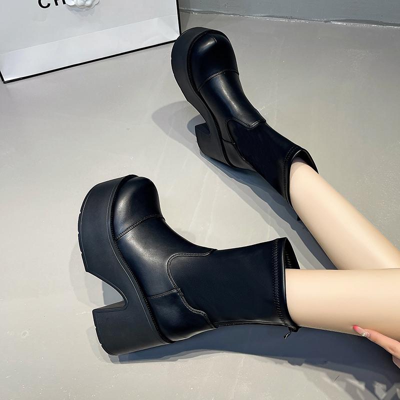 Mode 9CM Hohe Klobige Stiefel Mode Schnürung Dick Absatz Dicke Sohle Motorradstiefel Wasserdichte Plateau Hinterer Reißverschluss Damenschuhe