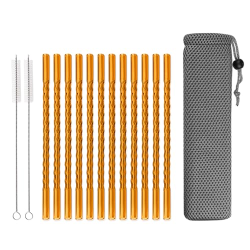 15 PCS Reusable Glass Straws, 8 Inch X 0.3" Thread Pattern Design Colored Drinking Straws, Include 12 Straight Straws, 2 Cleaning Brushes, 1 Bag
