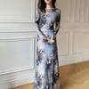 Autumn New Cold Imperial Sister Mesh Long-sleeved Printing Waist Slim Flared Sleeve Ink Style Dress