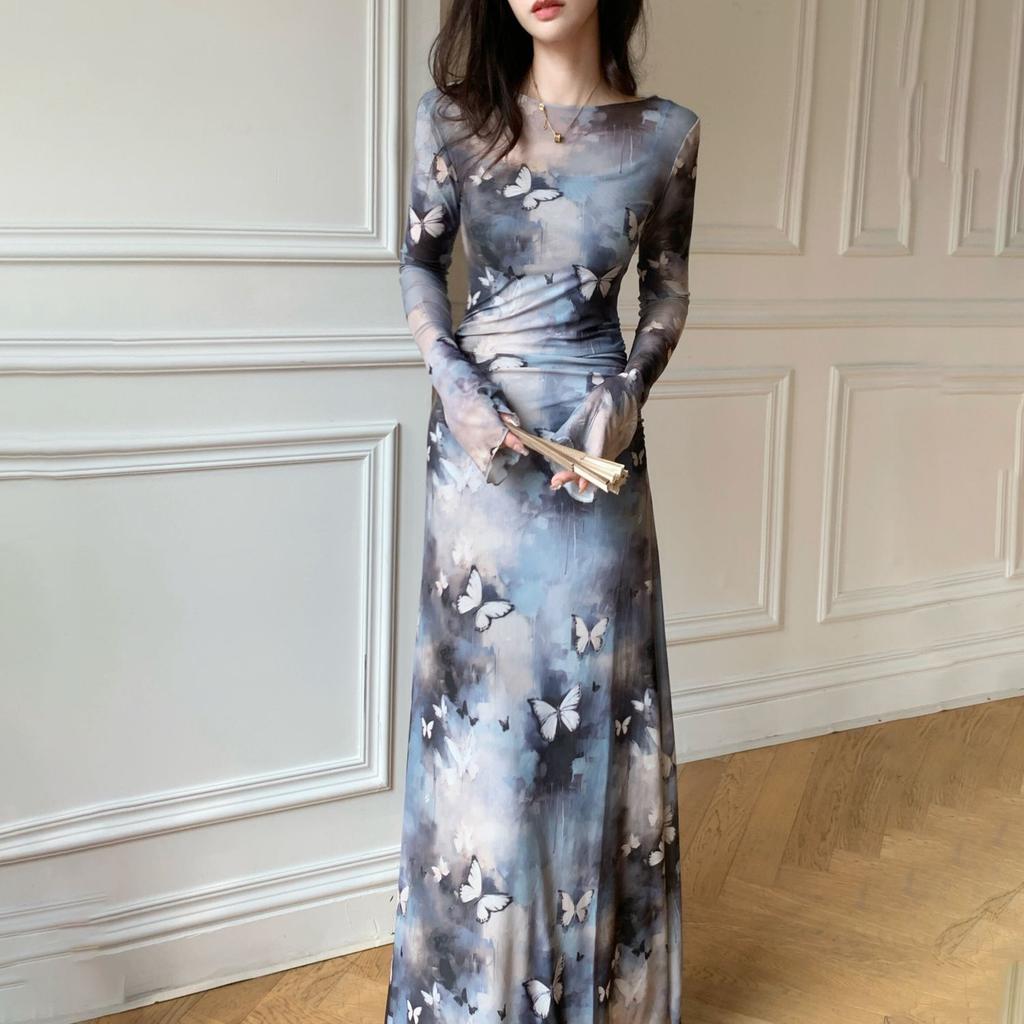 Herbst neue kalte kaiserliche Schwester Netz langärmeliges Drucken Taille schlank ausgestellter Ärmel Tintenstil Kleid