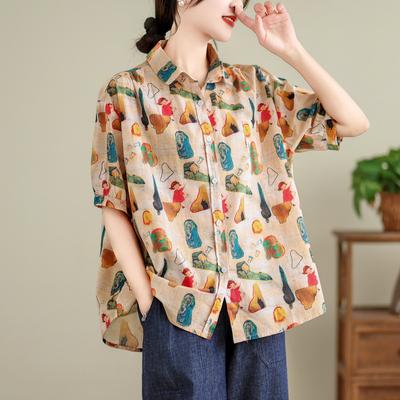 Summer Stand Neck Blouse Vintage Floral Printed Casual Shirts Women Tops