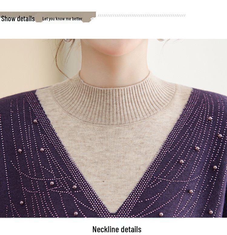 Mom's Velvet Thickened Knit Two-Piece Sweater for Autumn/Winter - Mid-Age Half-High Collar