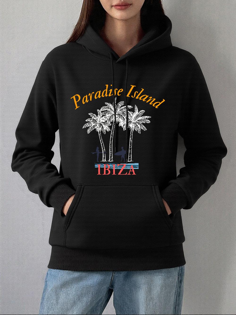 

Paradise Island Ibiza Printing Hoodie Women Winter Fleece Warm Pullovers Basics Pocket Sweatshirts Casual Loose Womans Clothes 2XL