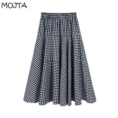 Plus Size Spring Summer Women's High Waist Casual Cotton Vintage Plaid Skirt Mid-length A-line Hip Skirt