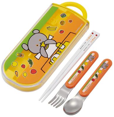 Skater Children's Trio Set: Chopsticks, Spoon, Fork, Little Bear Design, Made In Japan (TACC2AG-A)