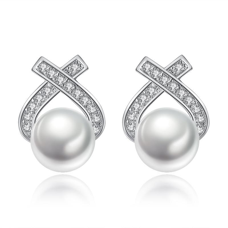 925 Sterling Silver X-Shaped Earrings With AAA Zircon And Pearls