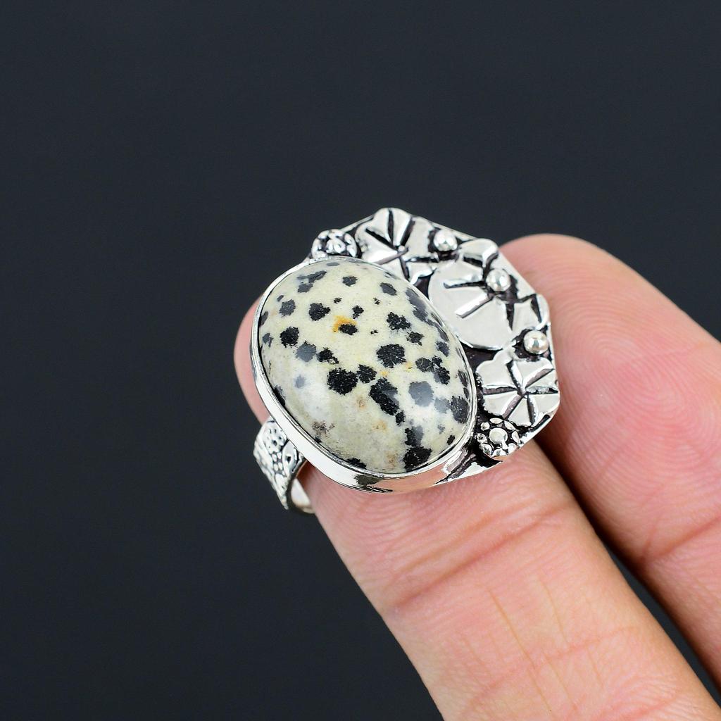 925 Silver Oval Dalmatian Jasper Stone Statement New Stackable Ring Jewelry US 8