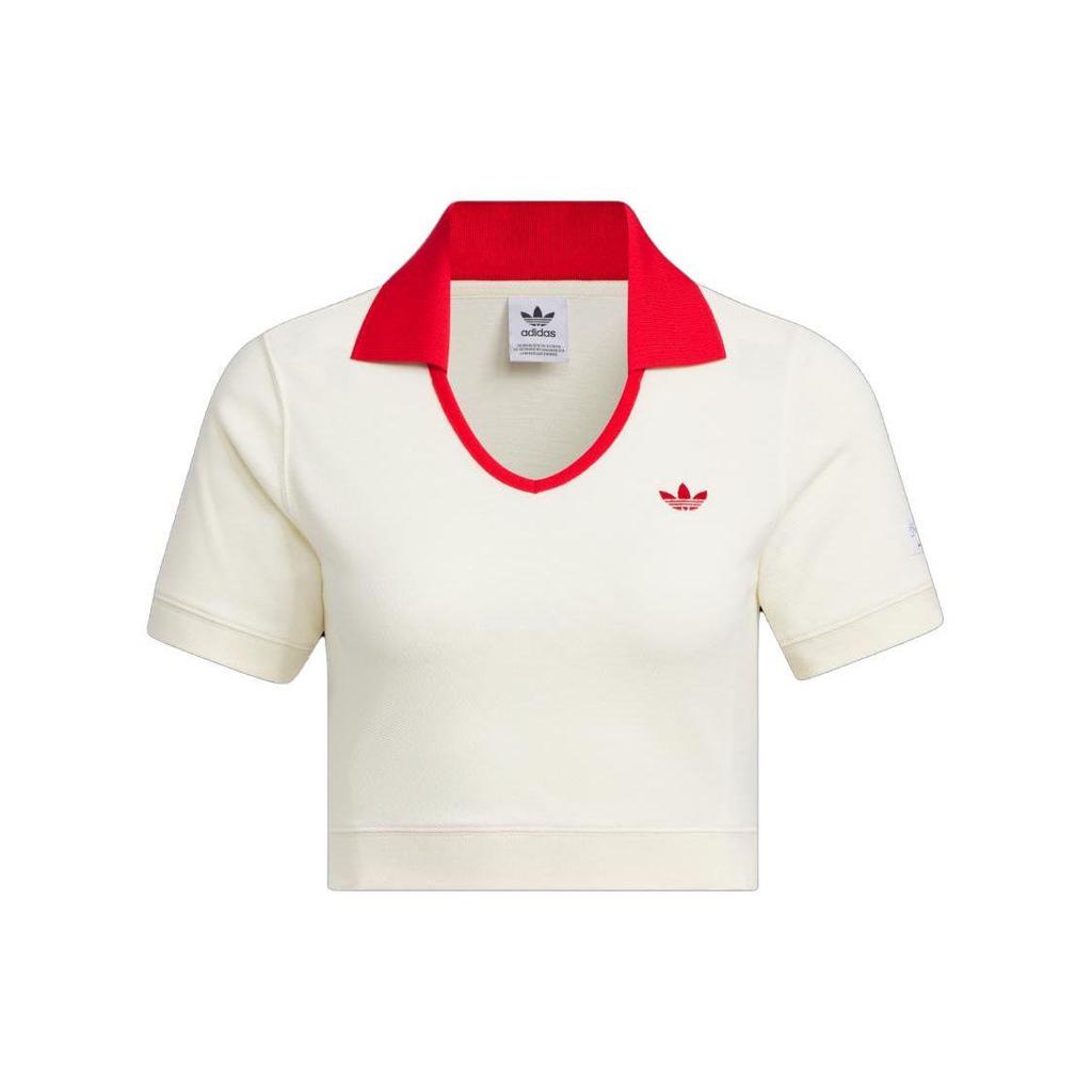 adidas Originals X Sans titre AE23 Polo Court à Col V Contrasté Femme Hauts Blanc cassé IN1082